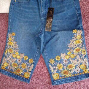 DG2 by Diane Gilman - Embroidered Sunflower Shorts